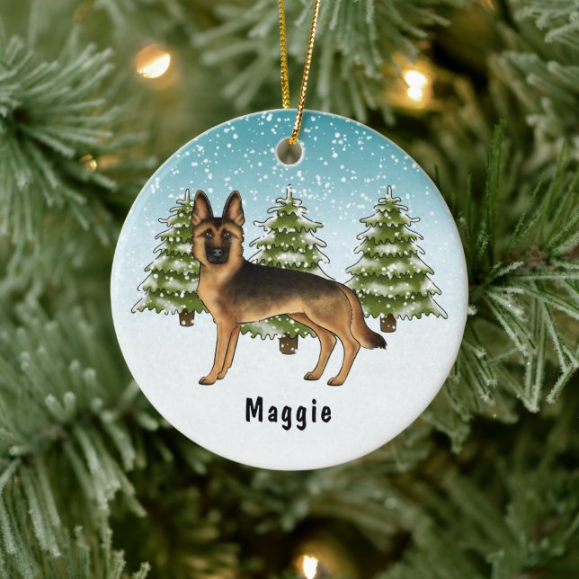 Black And Tan German Shepherd Dog Winter Forest Ceramic Ornament (Tree)