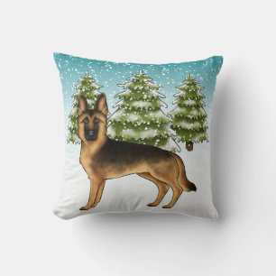 Black And Tan German Shepherd Dog Winter Forest Throw Pillow