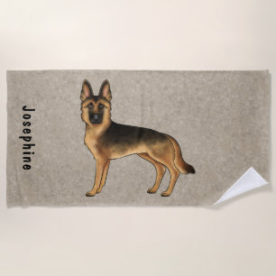Black And Tan German Shepherd Dog With Custom Name Beach Towel