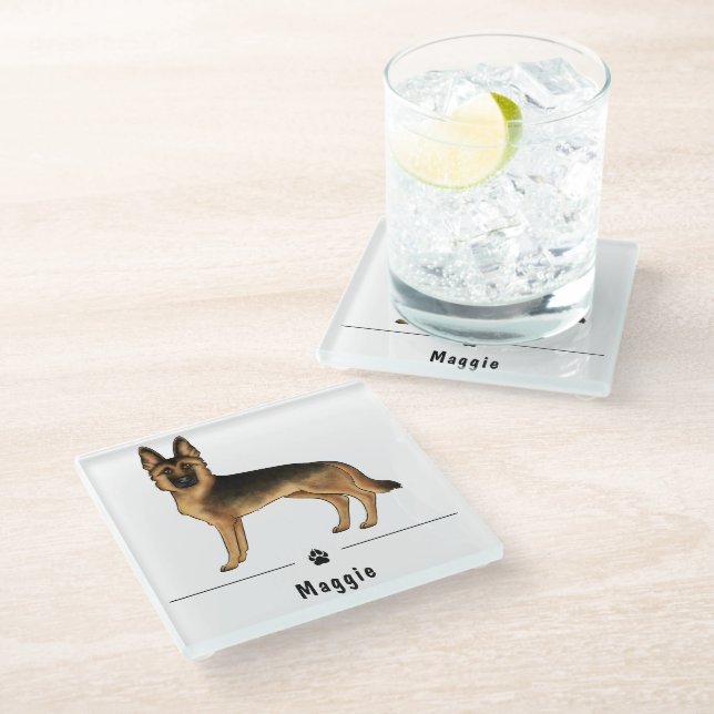 Black And Tan German Shepherd Dog With Custom Name Glass Coaster (Angled)