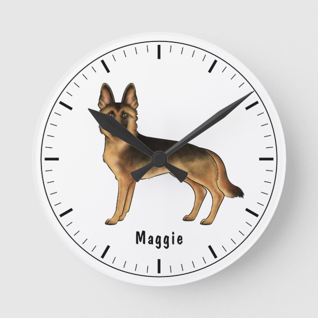 Black And Tan German Shepherd Dog With Custom Text Round Clock (Front)