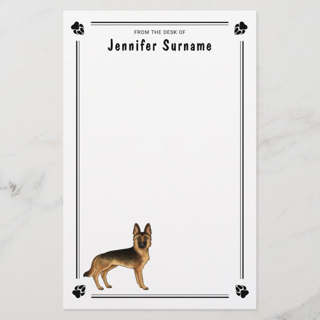 Black And Tan German Shepherd Dog With Custom Text Stationery (Front)