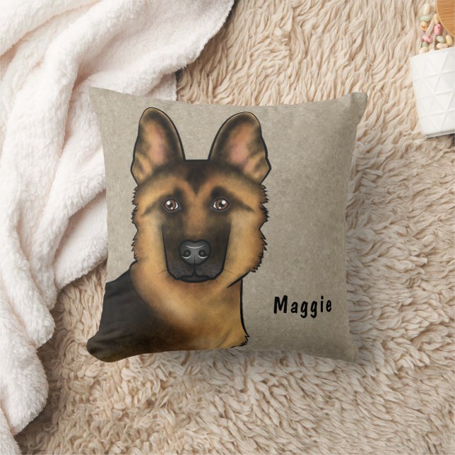 Black And Tan German Shepherd Head And Custom Name Throw Pillow (Blanket)