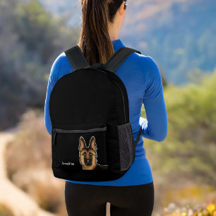 Black And Tan German Shepherd Head And Name Black Printed Backpack