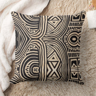Black and Tan Hand Drawn Tribal African Pattern Throw Pillow