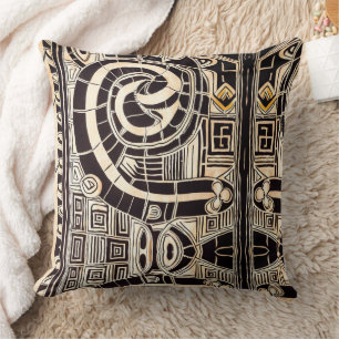 Black and Tan Hand Drawn Tribal African Pattern Throw Pillow