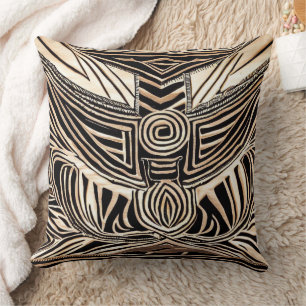 Black and Tan Hand Drawn Tribal African Pattern Throw Pillow
