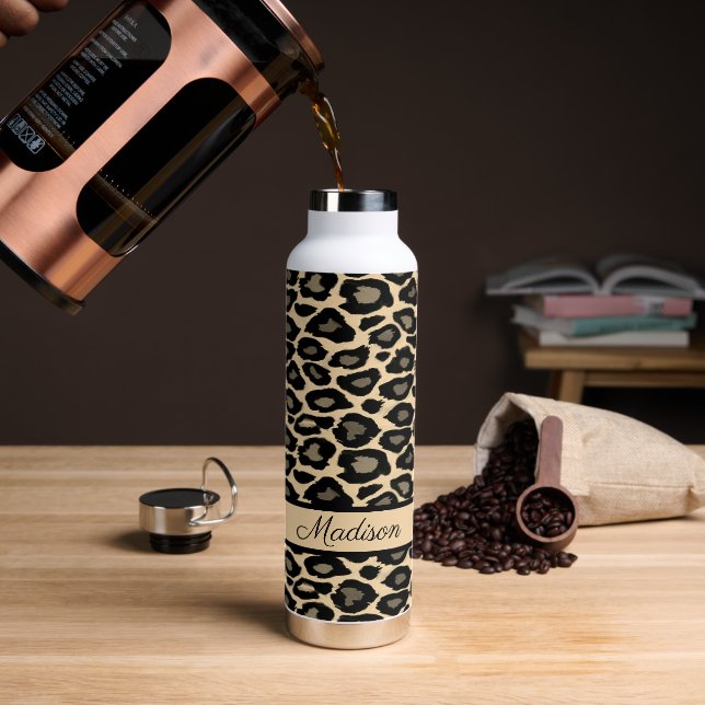 Black and Tan Leopard Print Personalized Water Bottle (Coffee)