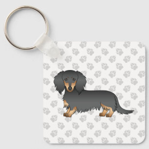 Black And Tan Long Hair Dachshund Cartoon Dog Keychain