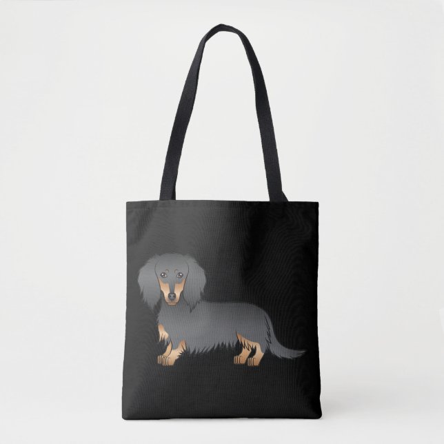 Black And Tan Long Hair Dachshund Cartoon Dog Tote Bag (Front)