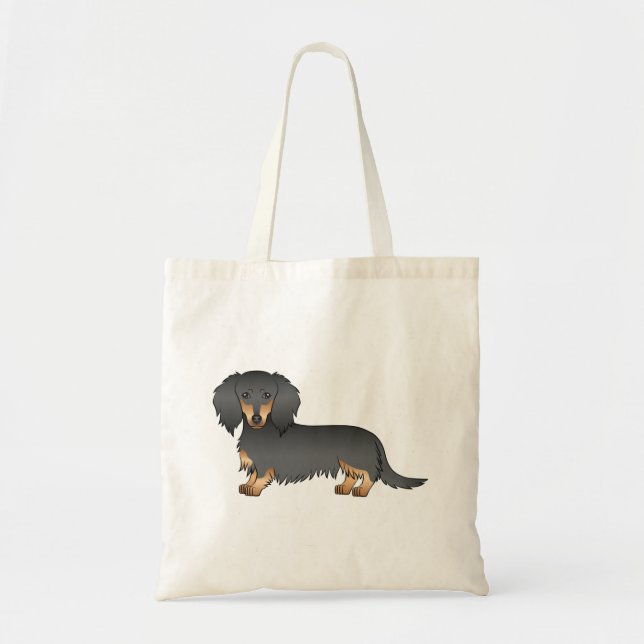 Black And Tan Long Hair Dachshund Cartoon Dog Tote Bag (Front)