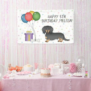 Black And Tan Long Hair Dachshund Happy Birthday Banner