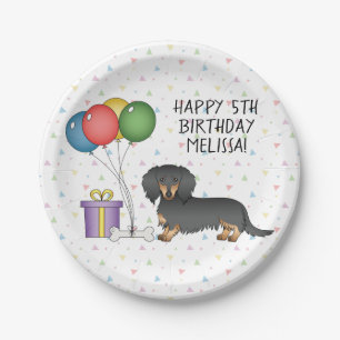 Black And Tan Long Hair Dachshund Happy Birthday Paper Plate