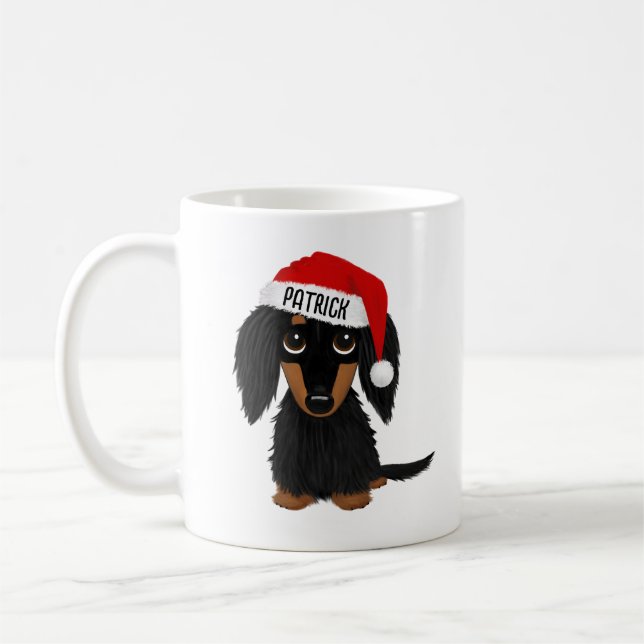 Black and Tan Longhaired Dachshund Santa Custom Coffee Mug (Left)