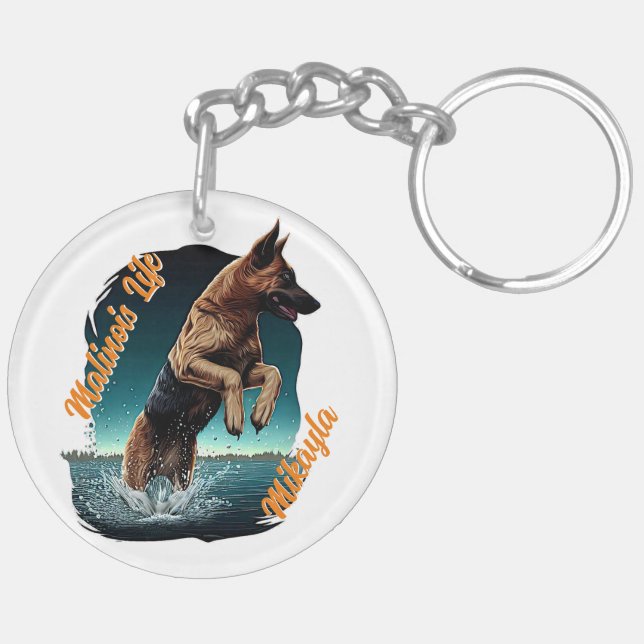 Black and Tan Malinois in Water Keychain (Back Right)