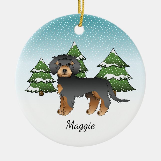 Black And Tan Mini Goldendoodle - Winter Forest Ceramic Ornament (Front)
