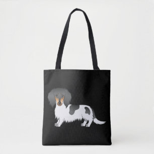 Black And Tan Piebald Long Hair Dachshund On Black Tote Bag