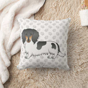 Black And Tan Piebald Long Hair Dachshund & Paws Throw Pillow