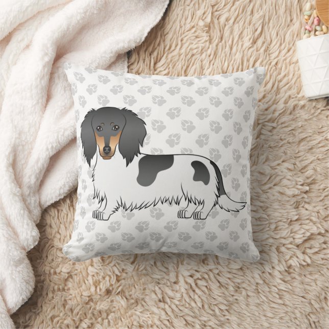 Black And Tan Piebald Long Hair Dachshund & Paws Throw Pillow (Blanket)
