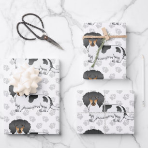 Black And Tan Piebald Long Hair Dachshund & Paws Wrapping Paper Sheet