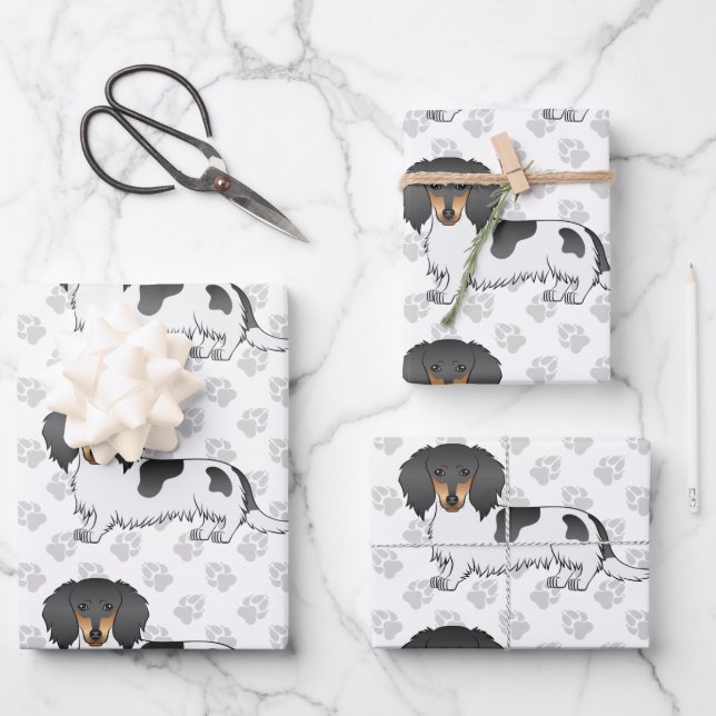 Black And Tan Piebald Long Hair Dachshund & Paws Wrapping Paper Sheet (Front)