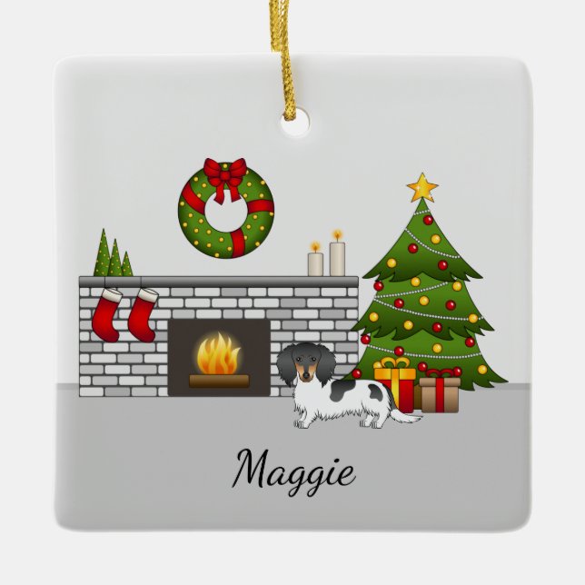 Black And Tan Pied Long Hair Dachshund Christmas Ceramic Ornament (Front)