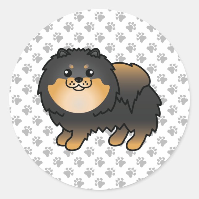 Black And Tan Pomeranian Cute Cartoon Dog & Paws Classic Round Sticker (Front)