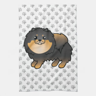 Black And Tan Pomeranian Cute Cartoon Dog & Paws Kitchen Towel