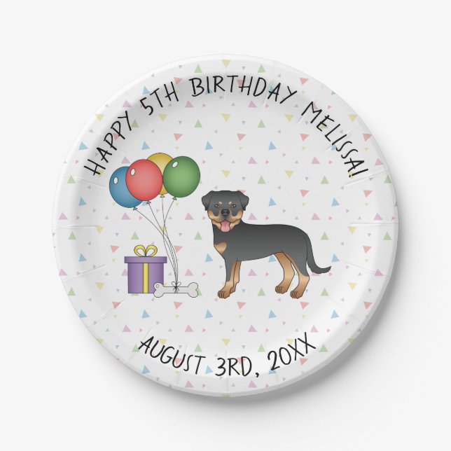 Black And Tan Rottweiler Cartoon Dog - Birthday Paper Plate (Front)