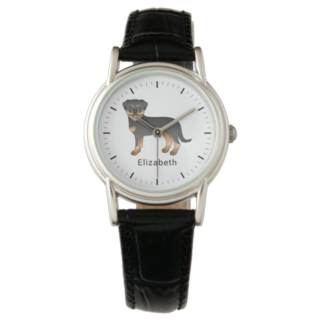 Black And Tan Rottweiler Cute Cartoon Dog And Name Watch (Front)