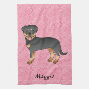 Black And Tan Rottweiler On Pink Hearts & Name Kitchen Towel