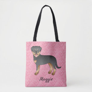 Black And Tan Rottweiler On Pink Hearts & Name Tote Bag