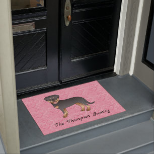 Black And Tan Rottweiler On Pink Hearts & Text Doormat