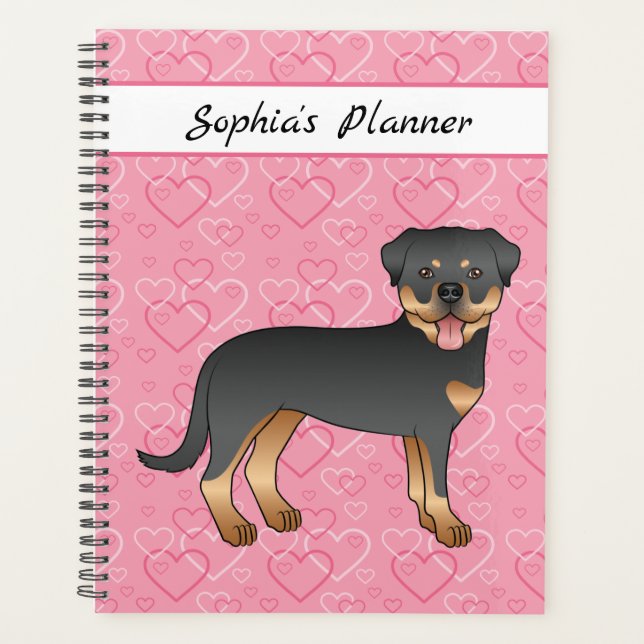 Black And Tan Rottweiler On Pink Hearts & Text Planner (Front)