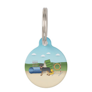 Black And Tan Rottweiler With Agility Equipment Pet Tag