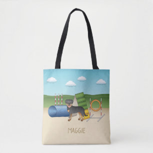 Black And Tan Rottweiler With Agility Equipment Tote Bag
