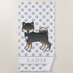 Black And Tan Shiba Inu Cartoon Dog & Name Beach Towel