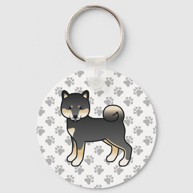 Black And Tan Shiba Inu Cartoon Dog & Paws Keychain (Front)