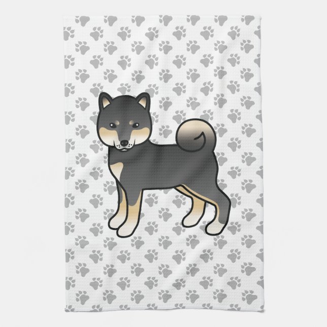 Black And Tan Shiba Inu Cute Dog With Paws Pattern Kitchen Towel (Vertical)
