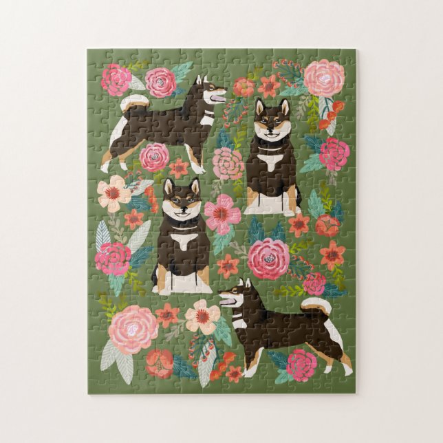 Black and Tan Shiba Inu Florals Jigsaw Puzzle (Vertical)