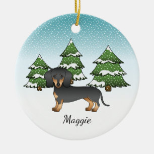 Black And Tan Short Hair Dachshund - Winter Forest Ceramic Ornament