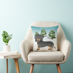 Black And Tan Short Hair Dachshund - Winter Forest Throw Pillow