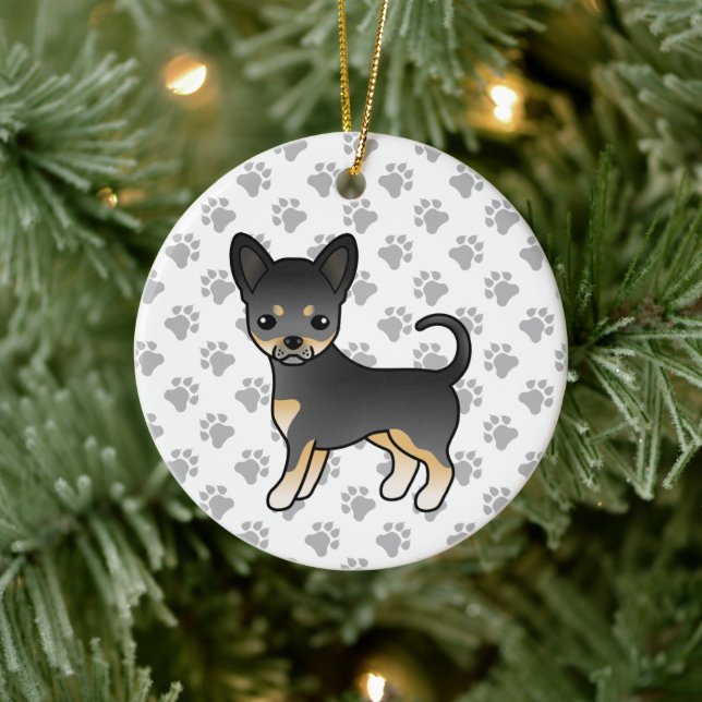 Black And Tan Smooth Coat Chihuahua Dog & Paws Ceramic Ornament (Tree)