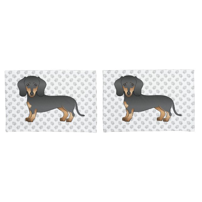 Black And Tan Smooth Coat Dachshund Dog & Paws Pillowcase (Front-Set)