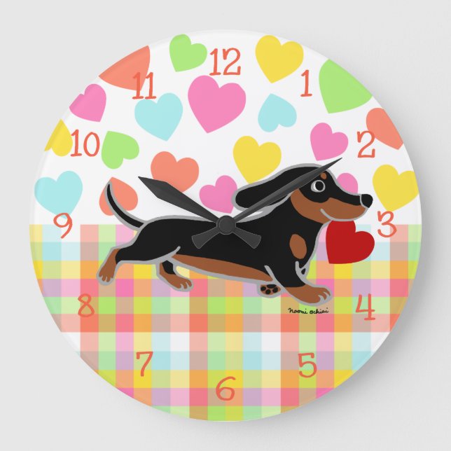 Black and Tan Smooth Dachshund Running Heart Large Clock (Front)