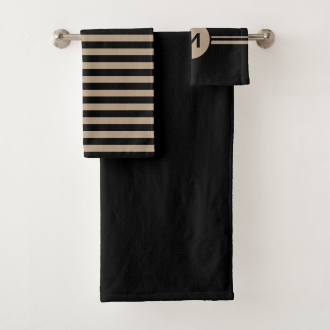 Black and Tan Solid and Stripes Bath Towel Set (Insitu)