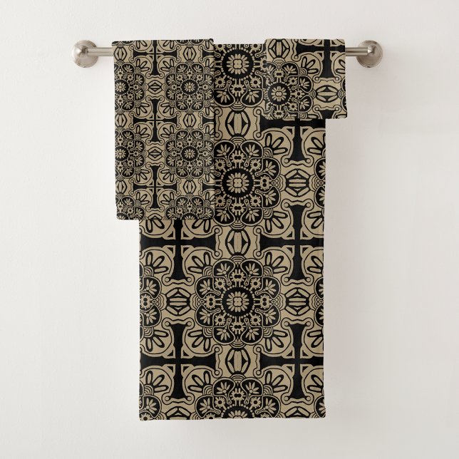 Black and Tan Tribal Bath Towel Set (Bath Towel with black and tan geometric tribal pattern.)