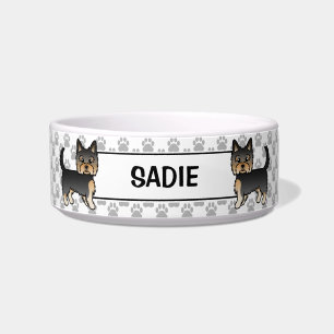 Black And Tan Yorkshire Terrier With Paws And Name Bowl