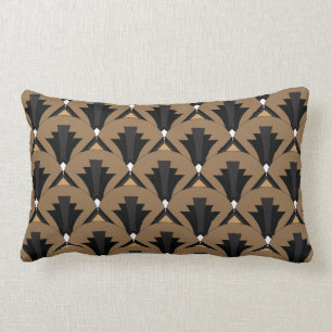 Black and Taupe Art Deco Patterned Lumbar Pillow