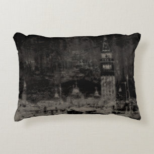 Black and Taupe Distressed Skyline Venice Italy Accent Pillow